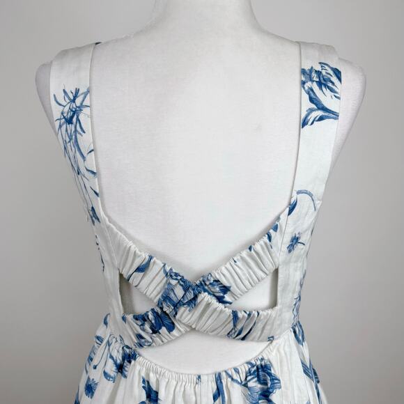 Reformation Frieda Linen Midi Dress Size 4 Blue White Floral Trad Wife Cottage - Picture 6 of 16